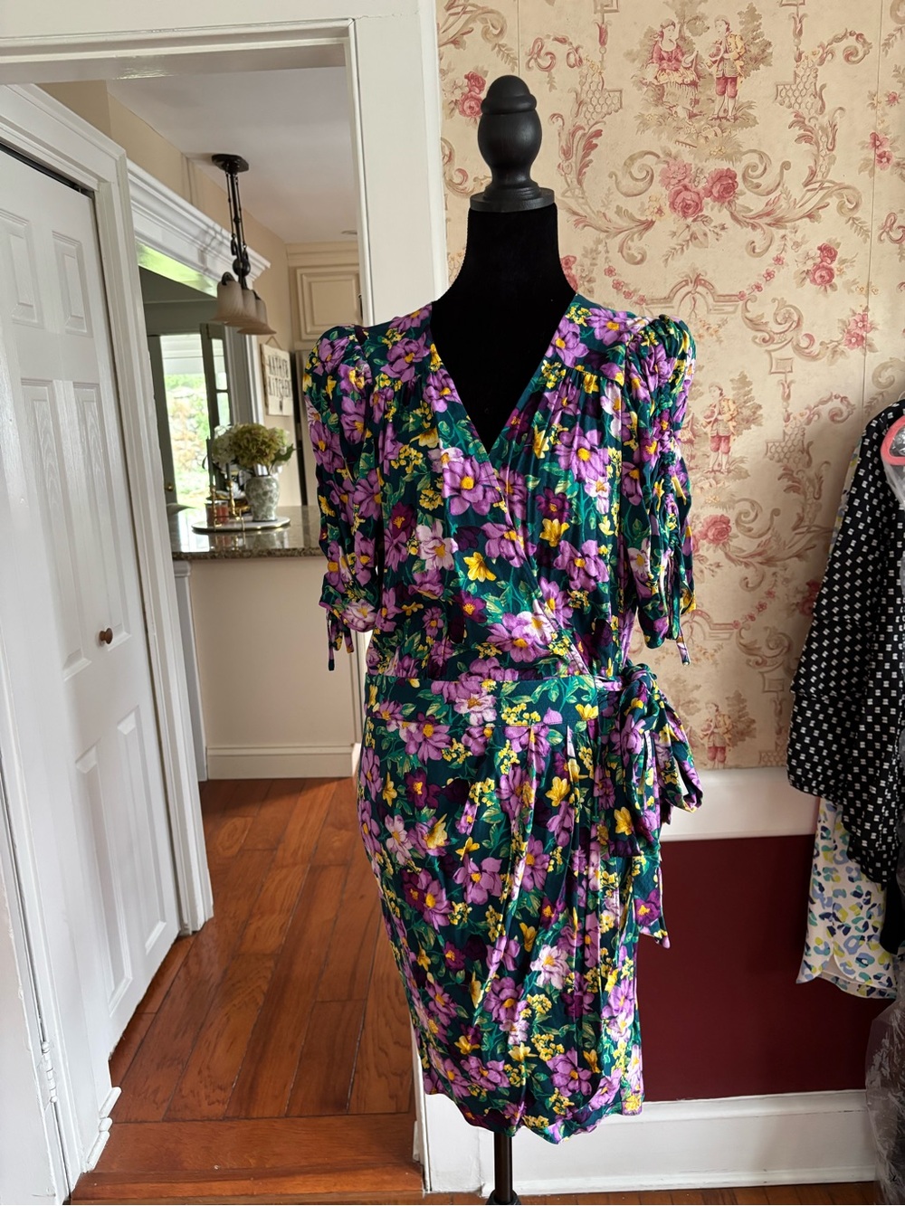 Floral Wrap Midi Dress in Purple and Green